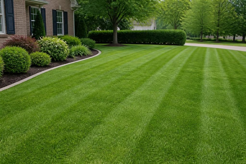 Freshly mowed lawn with crisp stripes and neat edging.