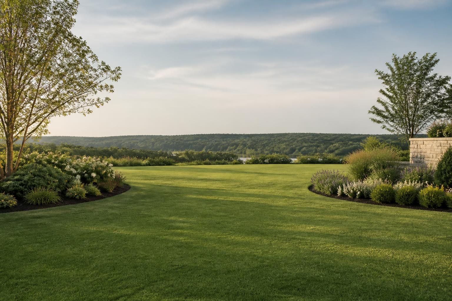 Manicured lawn and landscaping with open space for text.