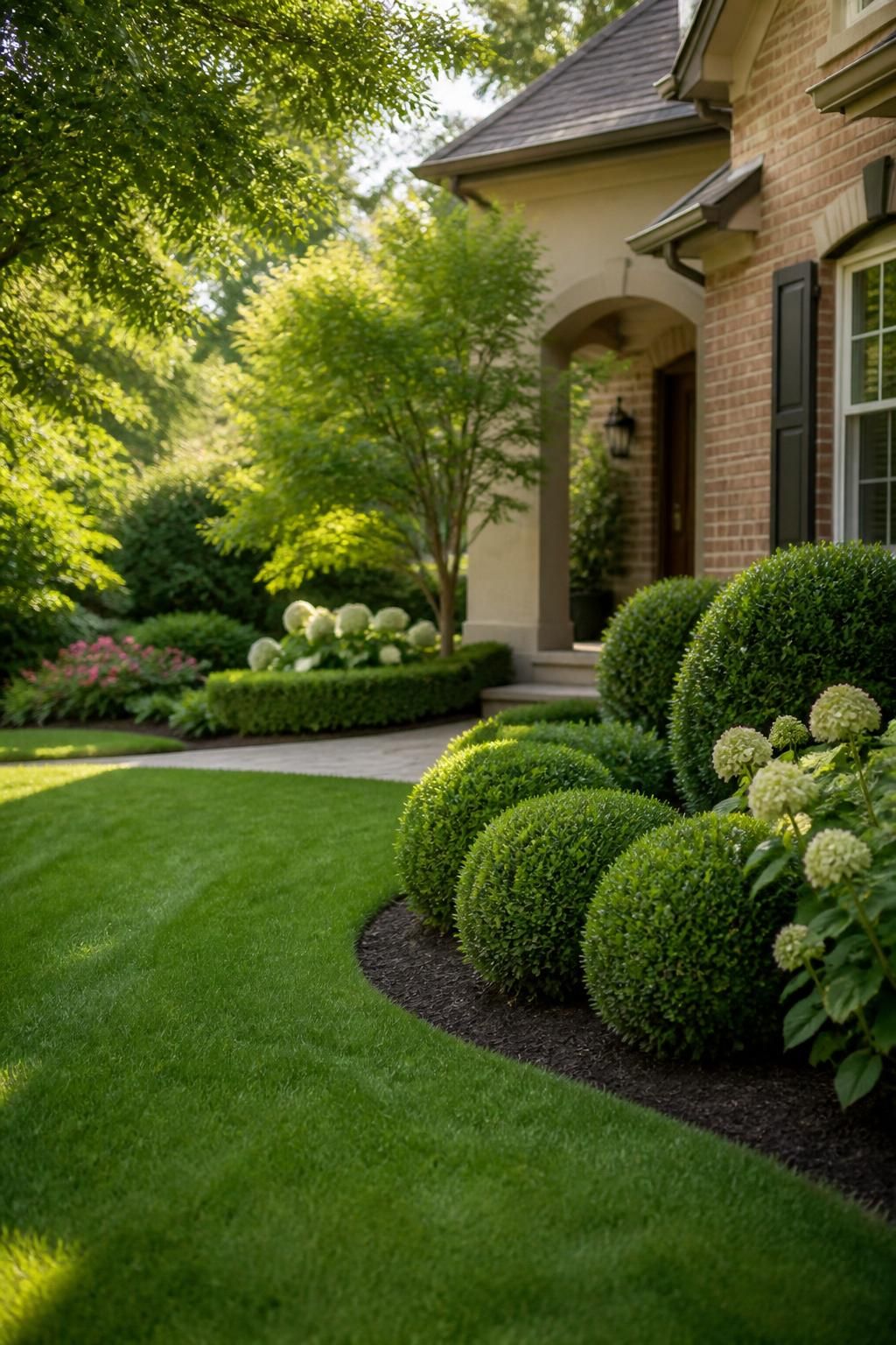 Neat front yard with trimmed grass, shrubs, and garden beds.